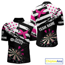 Load image into Gallery viewer, Personalized US Flag Pink Ribbon Darts Shirt For Men Custom Breast Cancer Awareness Darts Jersey TDM4493