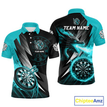 Load image into Gallery viewer, Personalized Strike Black &amp; Turquoise Flaming Dragon Dart Shirts For Men Custom Dart Team Jersey TDM4300