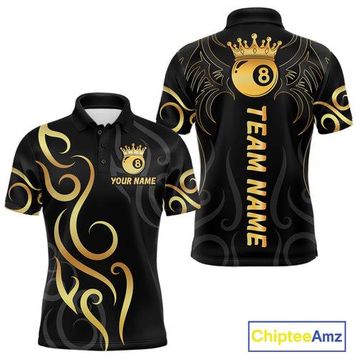 Black And Gold 8 Ball Crown Tribal Billiard Shirt For Men Custom Pool Jersey Billiard Team Shirt TDM4724