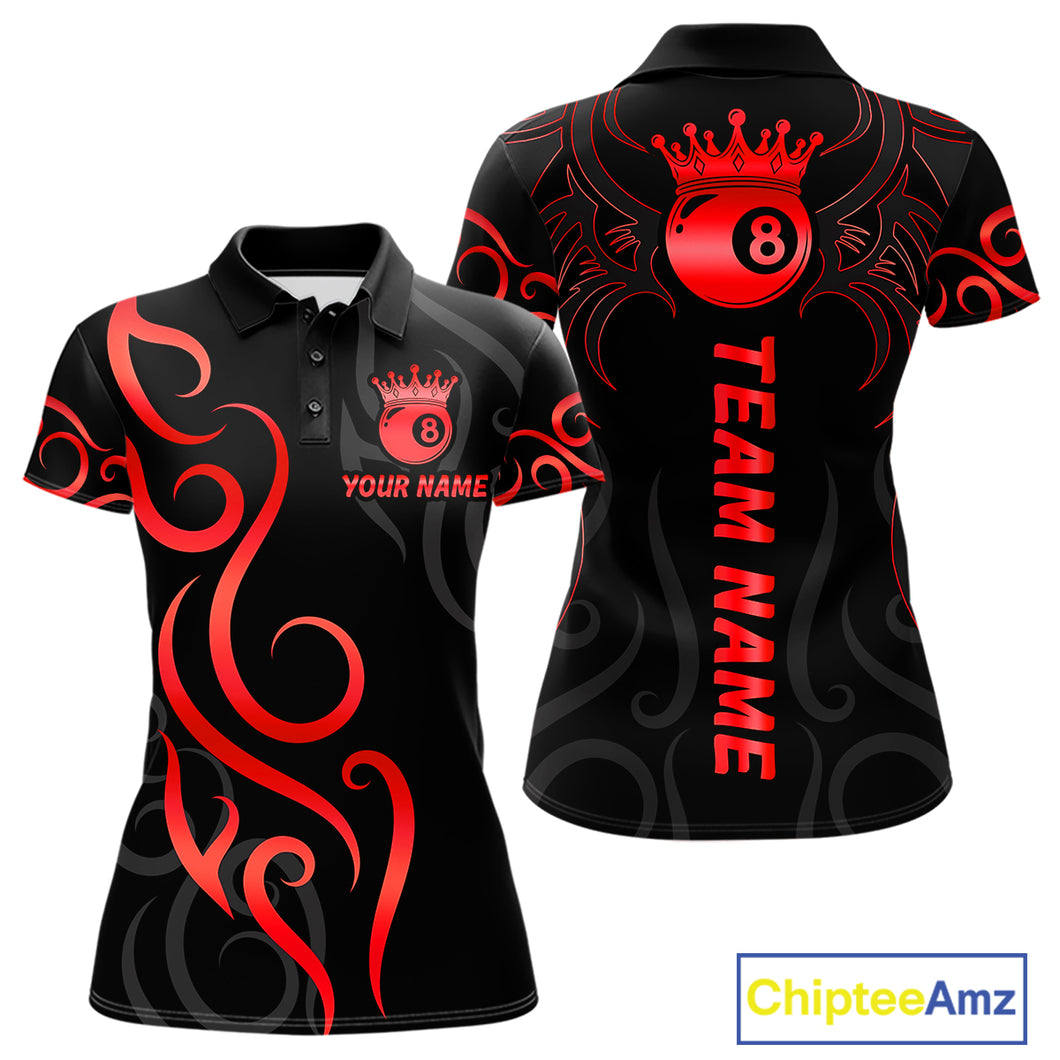 Black And Red 8 Ball Crown Tribal Billiard Shirt For Women Custom Pool Jersey Billiard Team Shirt TDM4725
