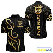 Load image into Gallery viewer, Black And Glowing Gold Dartboard Crown Tribal Darts Shirt For Men Custom Darts Team Jersey TDM4727