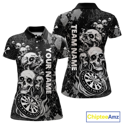 Black Grey Grunge Argyle Skull Dart Shirts Custom Women's Dart Jerseys Team Polo & Quarter Zip TDM3836