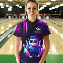 Load image into Gallery viewer, Back view of woman wearing a neon panda bowling polo shirt inside a bowling alley.