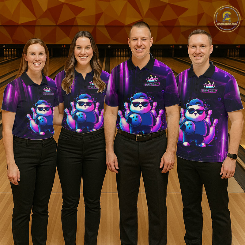 Bowling team wearing matching neon panda bowling jerseys during team competition front view.