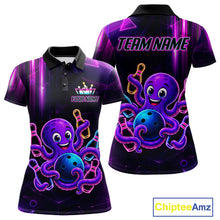 Load image into Gallery viewer, Colorful neon octopus bowling polo shirt for women with fun custom bowling team graphics.