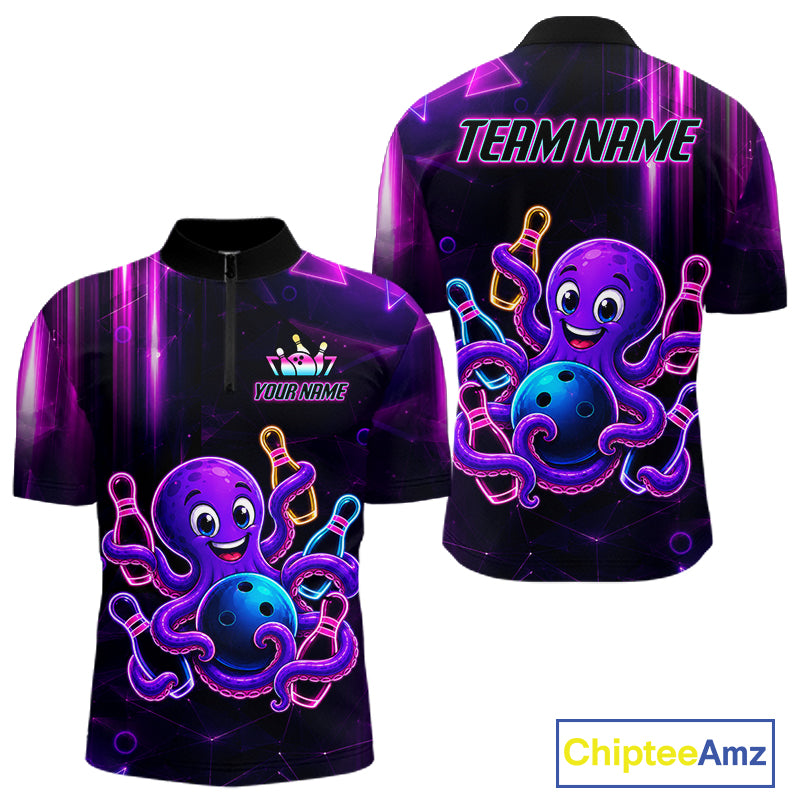 Colorful neon octopus bowling quarter zip shirt for men built for league tournaments and team events.