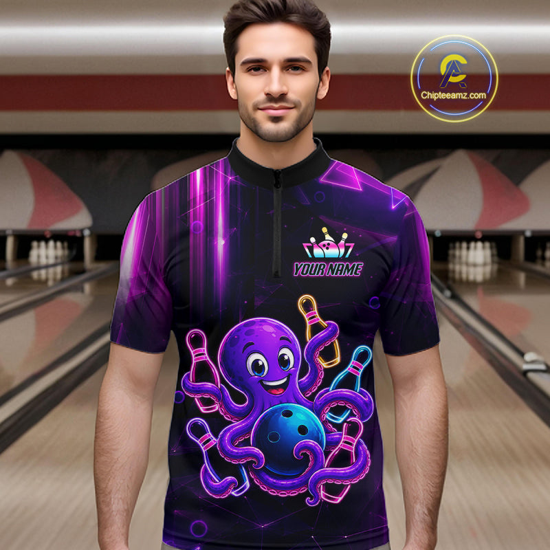 Man wearing a neon octopus bowling quarter zip jersey during league competition front view.
