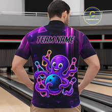 Load image into Gallery viewer, Back view of man wearing a neon octopus bowling quarter zip shirt in a bowling alley.
