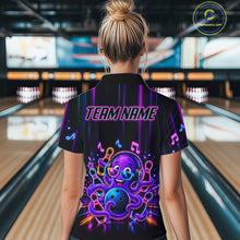 Load image into Gallery viewer, Back view of woman wearing a neon octopus music bowling polo shirt inside a bowling alley.