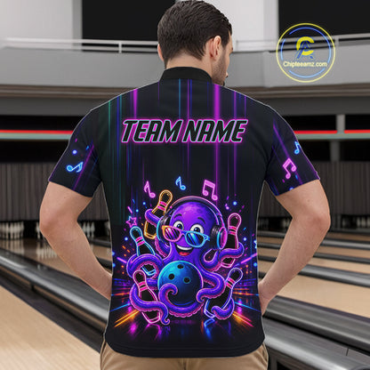 Back view of man wearing a neon octopus music bowling quarter zip shirt in a bowling alley.