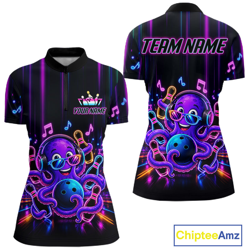 Neon octopus music bowling quarter zip shirt for women designed for league nights and tournaments.