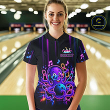 Load image into Gallery viewer, Woman wearing a neon octopus music bowling quarter zip jersey during tournament play front view.