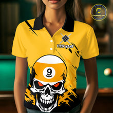 Load image into Gallery viewer, Personalized Yellow Black 9 Ball Skull Billiard Jersey For Women Custom Funny 9 Ball Pool Team Shirt TDM4732