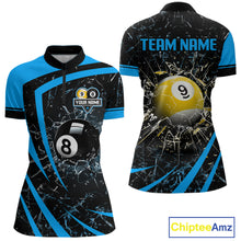 Load image into Gallery viewer, Black And Blue 8 Ball &amp; 9 Ball Glass Break Billiard Shirt For Women Custom Pool Team Jersey Uniform TDM5641