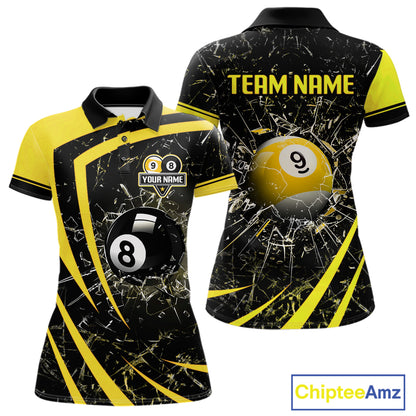 Black And Yellow 8 Ball & 9 Ball Glass Break Billiard Shirt For Women Custom Pool Team Jersey TDM5643