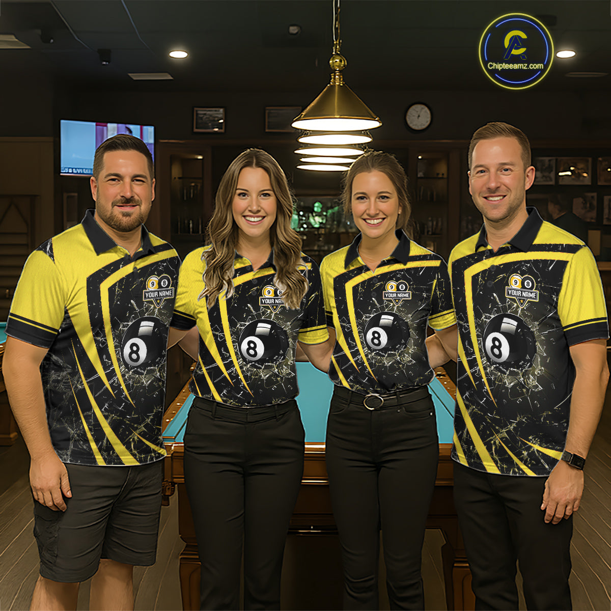 Black And Yellow 8 Ball & 9 Ball Glass Break Billiard Shirt For Women Custom Pool Team Jersey TDM5643