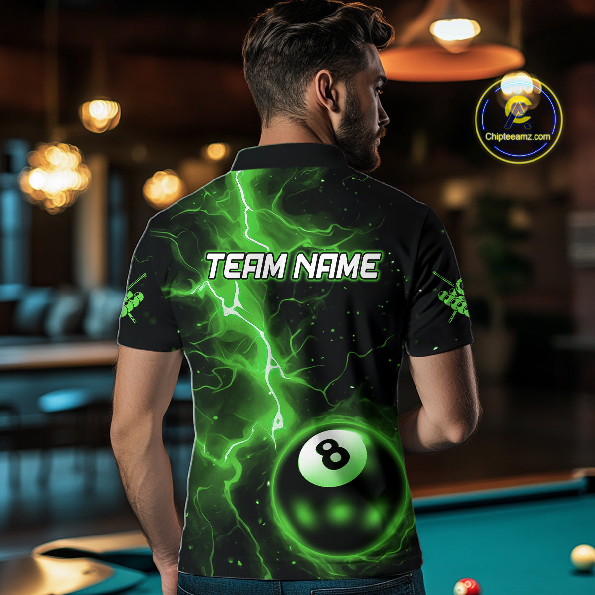 Green 8 Ball Thunder Lightning Billiard Shirt For Men Custom Pool Team Jersey Polo & 1/4 Zip TDM6259