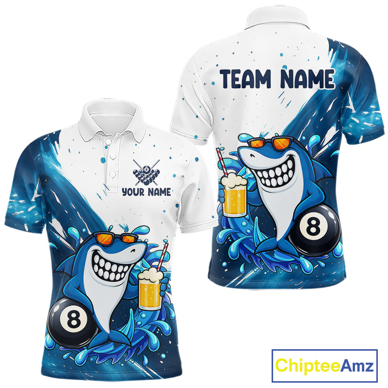 Blue and white funny shark 8 ball pool billiard team jersey polo shirt for men, custom pool league apparel and tournament jersey.
