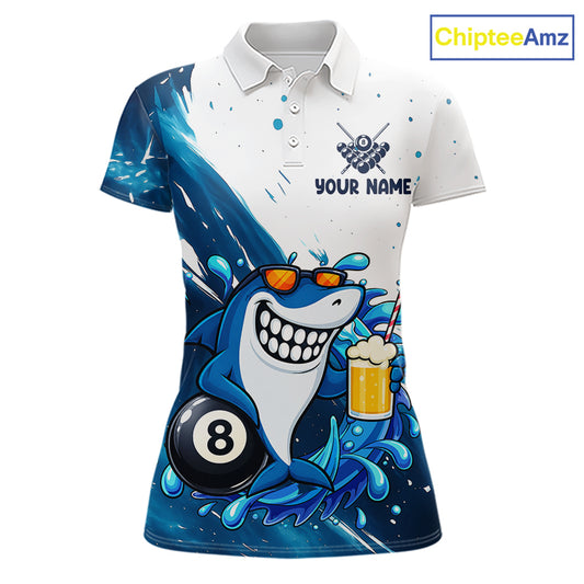 Blue and white funny shark 8 ball pool billiard team jersey polo shirt for women, custom pool league apparel and tournament jersey.