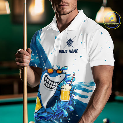 Man wearing blue and white funny shark 9 ball pool billiard polo shirt front view.