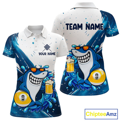 Blue and white funny shark 9 ball pool billiard team jersey polo shirt for women, custom pool league apparel and tournament jersey.