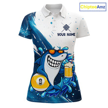Load image into Gallery viewer, Blue and white funny shark 9 ball pool billiard team jersey polo shirt for women, custom pool league apparel and tournament jersey.