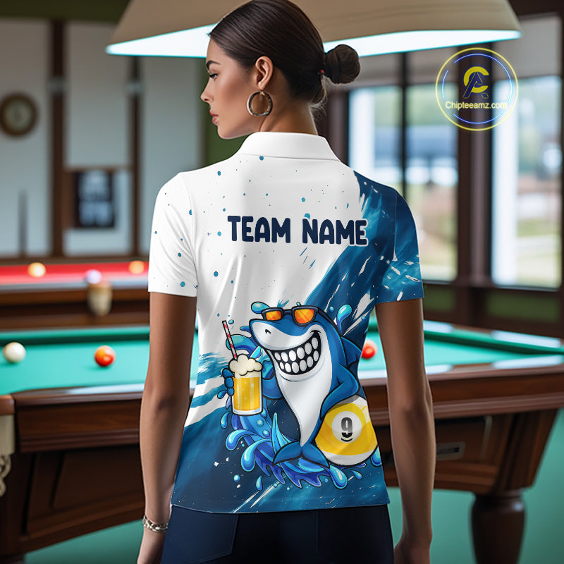 Woman wearing blue and white funny shark 9 ball pool billiard polo shirt back view.