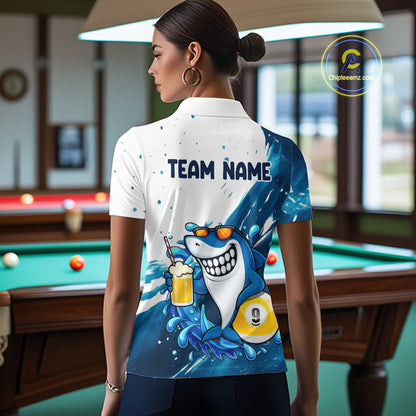 Woman wearing blue and white funny shark 9 ball pool billiard polo shirt back view.