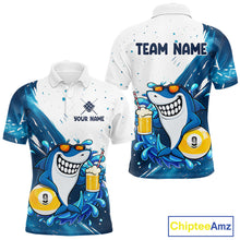 Load image into Gallery viewer, Blue and white funny shark 9 ball pool billiard team jersey polo shirt for men, custom pool league apparel and tournament jersey.