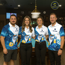 Load image into Gallery viewer, Billiard team wearing matching blue and white funny shark 9 ball pool jerseys front view.