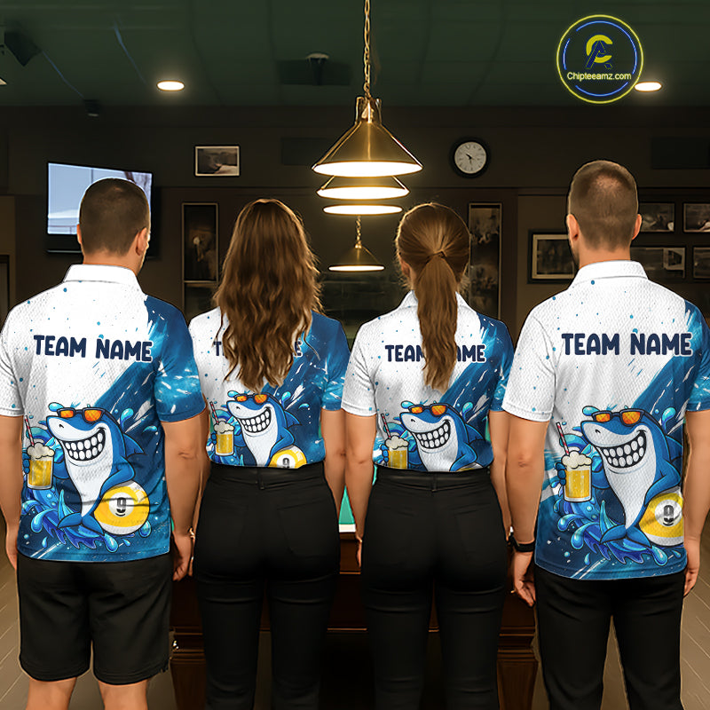 Billiard team wearing matching blue and white funny shark 9 ball pool jerseys back view.