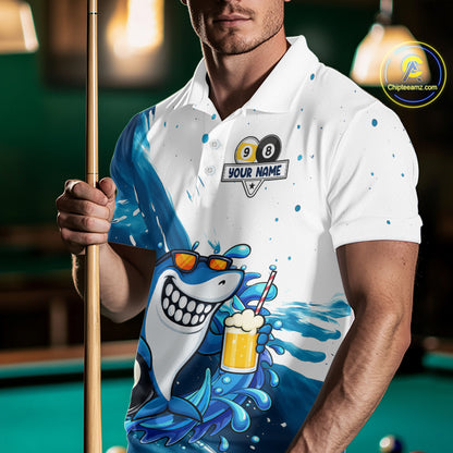 Man wearing custom blue funny shark 8 ball and 9 ball pool billiard polo shirt front view.