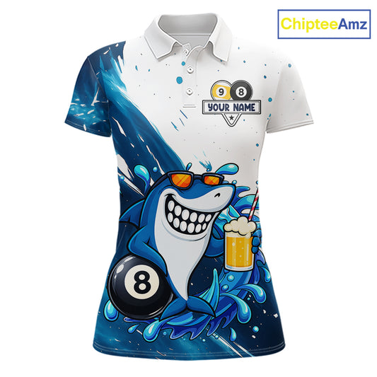 Custom blue funny shark 8 ball and 9 ball pool billiard team jersey polo shirt for women, personalized pool league apparel and tournament jersey.