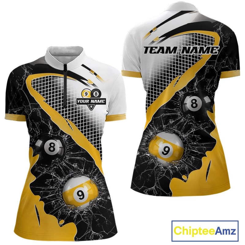 Black And Yellow 8 Ball & 9 Ball Break Glass Billiard Jersey For Women Custom Pool Team Shirts TDM7159