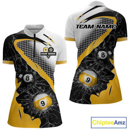 Black And Yellow 8 Ball & 9 Ball Break Glass Billiard Jersey For Women Custom Pool Team Shirts TDM7159