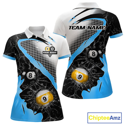 Black And Blue 8 Ball & 9 Ball Break Glass Billiard Jersey For Women Custom Pool Team Shirts TDM7160