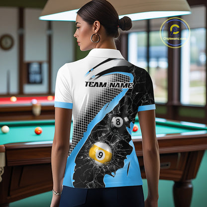 Black And Blue 8 Ball & 9 Ball Break Glass Billiard Jersey For Women Custom Pool Team Shirts TDM7160