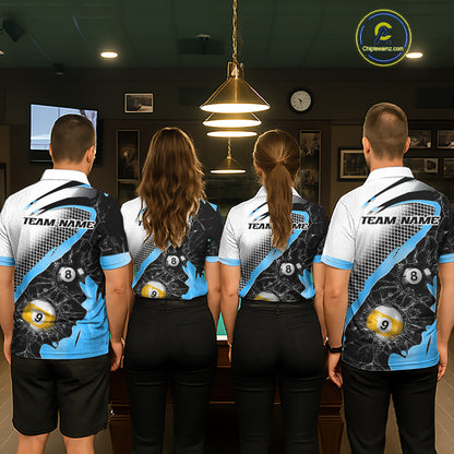 Black And Blue 8 Ball & 9 Ball Break Glass Billiard Jersey For Men Custom Pool Team Shirts TDM7160