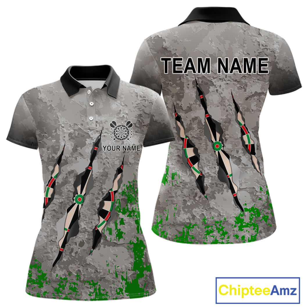 Custom Green Grey Grunge Dart Shirt With Pocket Option For Women, Darts Jersey TDM4528