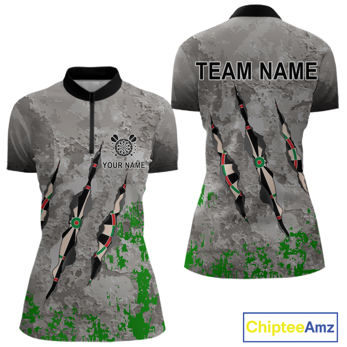 Custom Green Grey Grunge Dart Shirt With Pocket Option For Women, Darts Jersey TDM4528