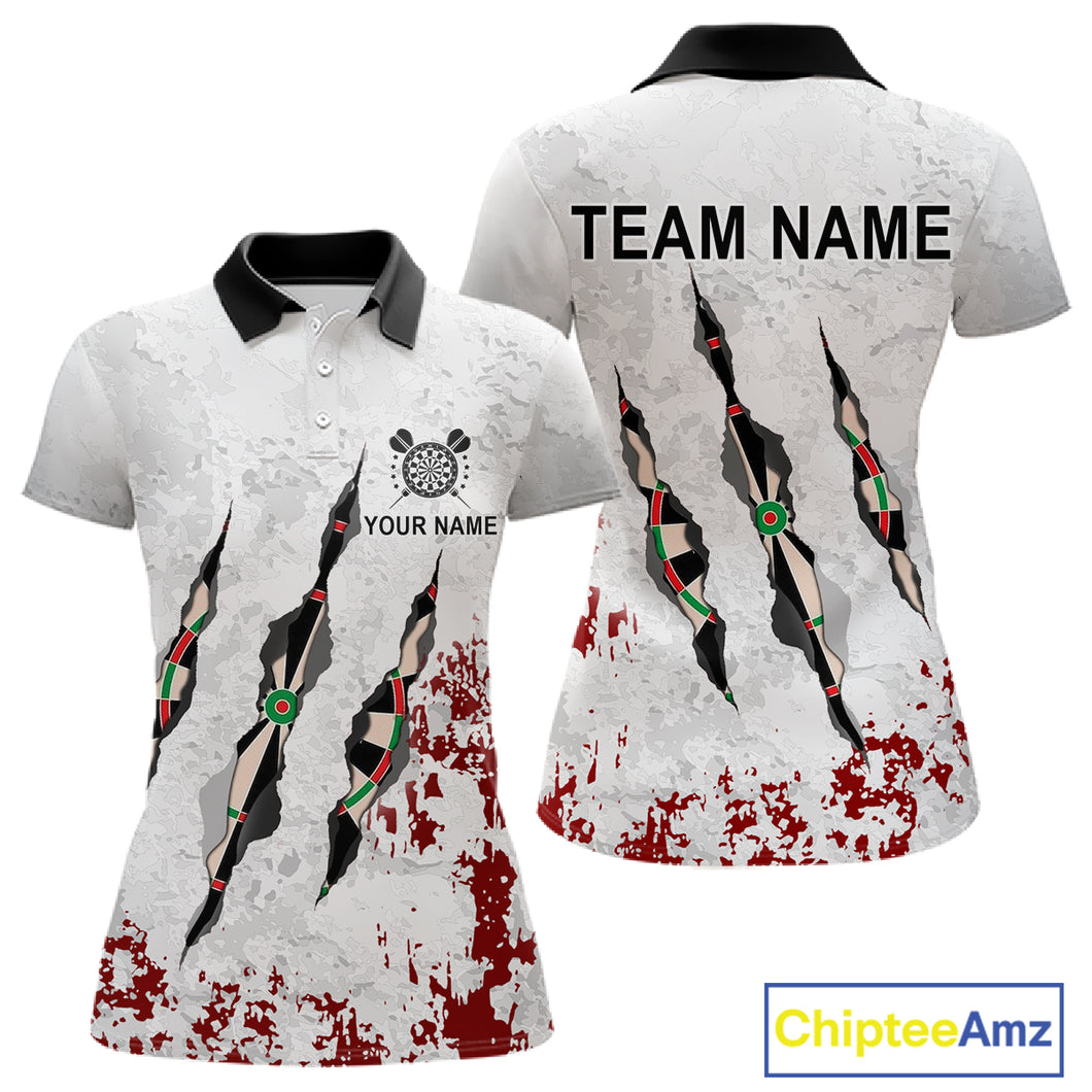 Custom White Red Grunge Dart Shirt With Pocket Option For Women, Darts Jersey TDM4529