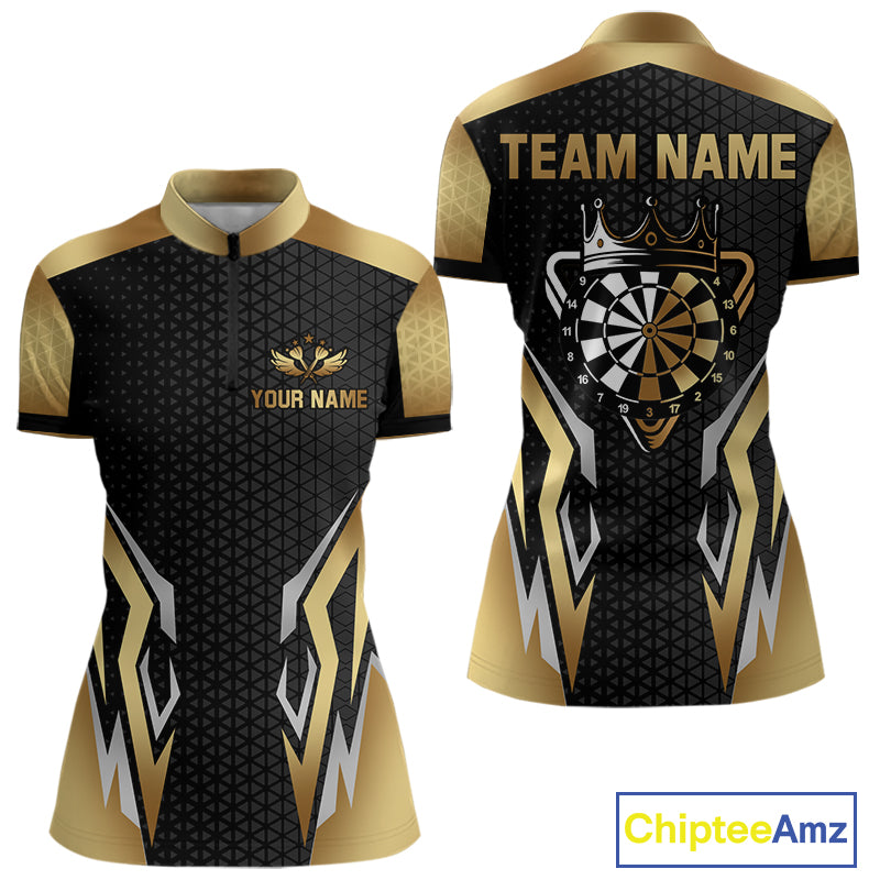 Black And Golden Funny Crown Darts Shirt For Women Custom Darts Jerseys Team Polo & Quarter Zip TDM4324