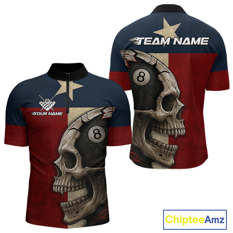 Personalized Grunge Texas Flag Skull Billiard Shirt For Men, 8 Ball Patriotic Pool Team Jerseys TDM4158