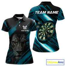 Load image into Gallery viewer, Personalized Cyan &amp; Black Lion Darts Shirt For Women Custom Light Dartboard Jersey Polo &amp; 1/4 Zip TDM4335