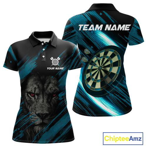 Personalized Cyan & Black Lion Darts Shirt For Women Custom Light Dartboard Jersey Polo & 1/4 Zip TDM4335