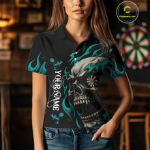 Load image into Gallery viewer, Personalized Turquoise Flaming Skull Darts Shirt For Women Custom Darts Jersey Team Polo &amp; 1/4 Zip TDM4763