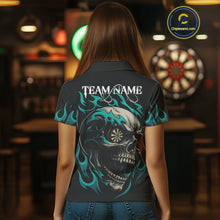 Load image into Gallery viewer, Personalized Turquoise Flaming Skull Darts Shirt For Women Custom Darts Jersey Team Polo &amp; 1/4 Zip TDM4763