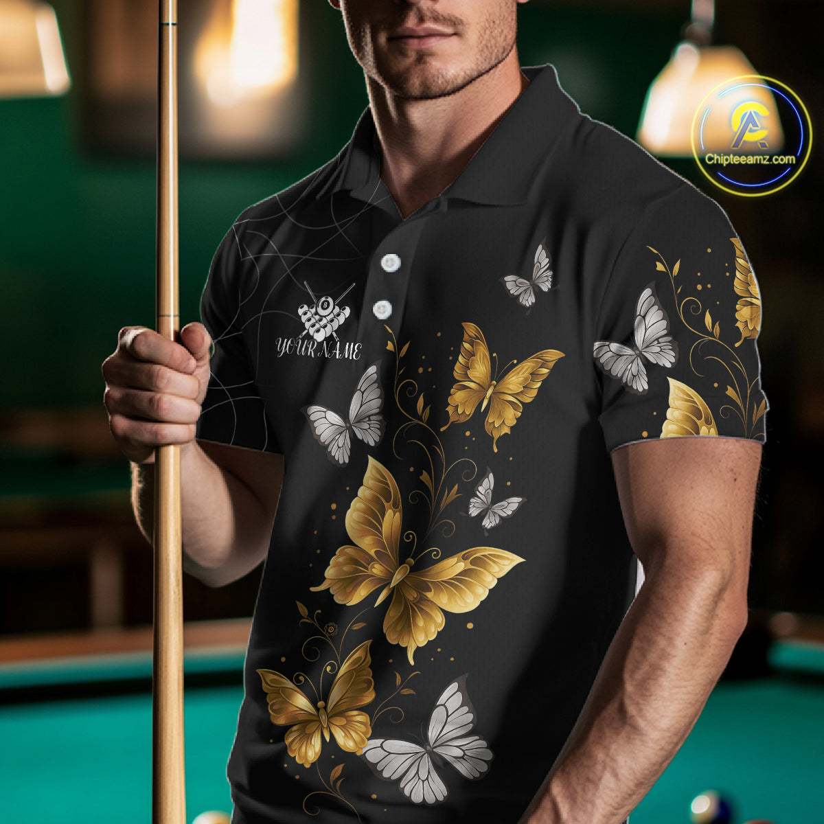 Personalized Golden 8 Ball Wings Butterflies Billiard Shirt For Men Custom Funny Pool Team Jersey TDM4777