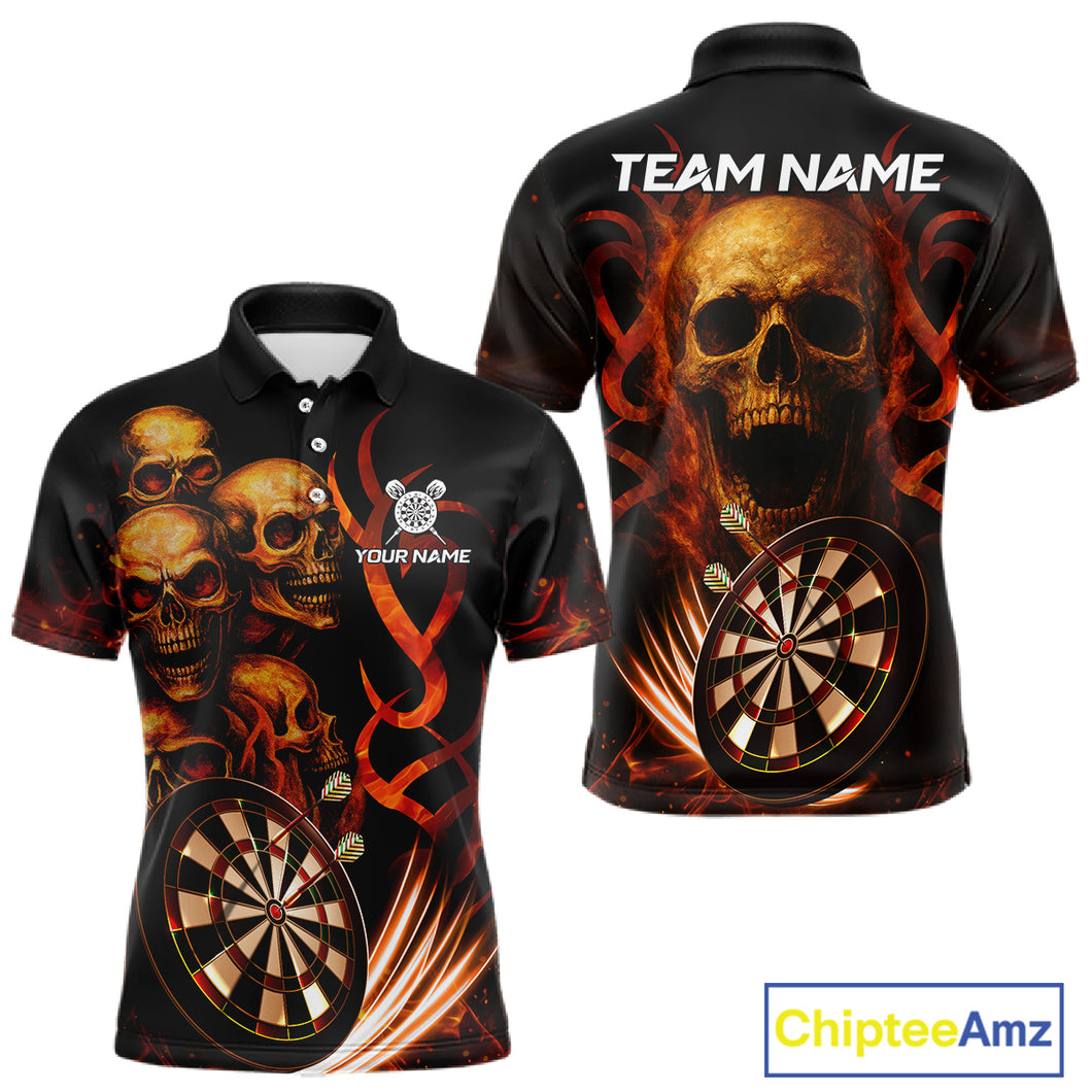 Custom Skull Fire Darts Jersey For Men, Black And Orange Darts Polo & Quarter Zip Team Shirt TDM4576