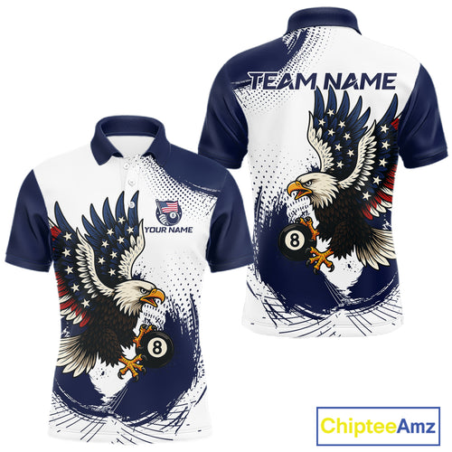 Personalized Grunge Paint Eagle US Flag 8 Ball Billiard Shirt For Men, White Navy Pool Team Jersey TDM4785
